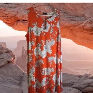 Roz & Ali XL sleeveless orange and white floral polyester blend stretch dress.